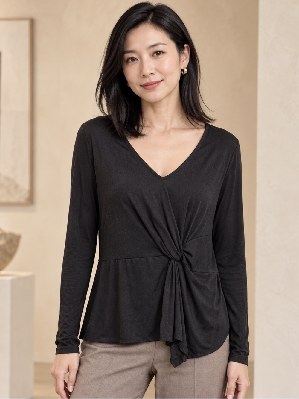 Jennifer Lopez Black V-Neck Long Sleeve Twist-Front Top